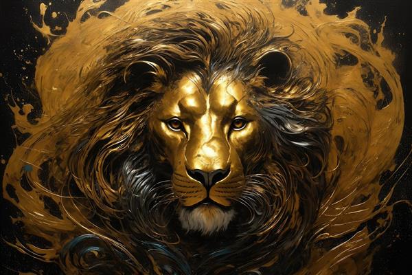 عکس پرتره شیر طلایی با یال‌های سه‌بعدی و حس قدرت برای چاپ