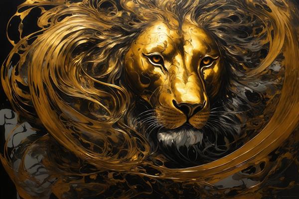 تصویر پرتره شیر طلایی درخشان با یال‌های گرد و حلقه شده