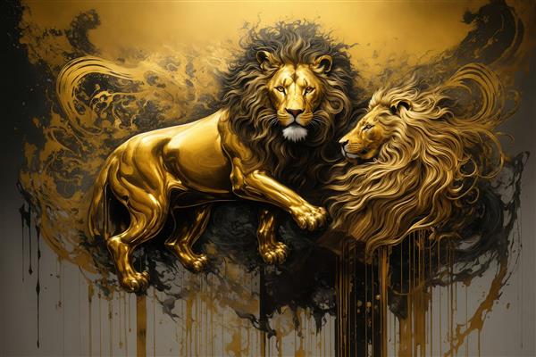 عکس دو شیر طلایی ایستاده سه‌بعدی در حال مبارزه برای تابلو دکور