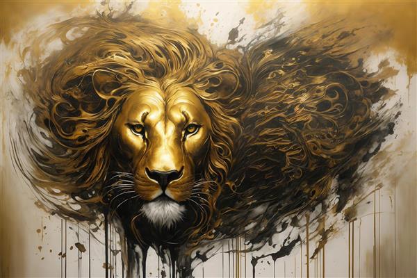 طرح شیر طلایی با یال‌های پهن و پاششی انتزاعی برای چاپ روتختی