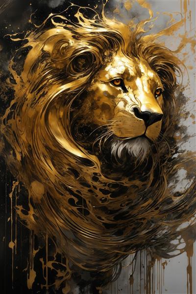 پرتره شیر طلایی با یال‌های مجعد و درخشان انتزاعی برای پوستر