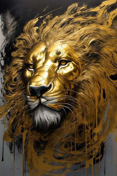 عکس نمای نزدیک شیر طلایی با یال‌های پاشیده و حس قوی دکوراتیو