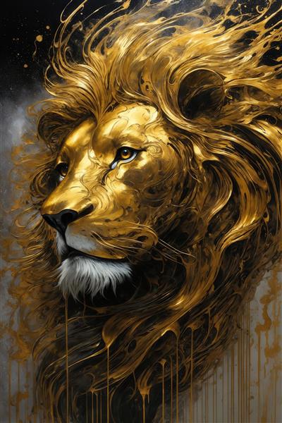 تصویر نیمرخ شیر طلایی درخشان با یال‌های روان برای تابلو دکوراتیو