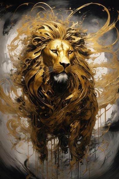 طرح شیر طلایی انتزاعی با یال‌های پاششی و پس‌زمینه سفید برای چاپ