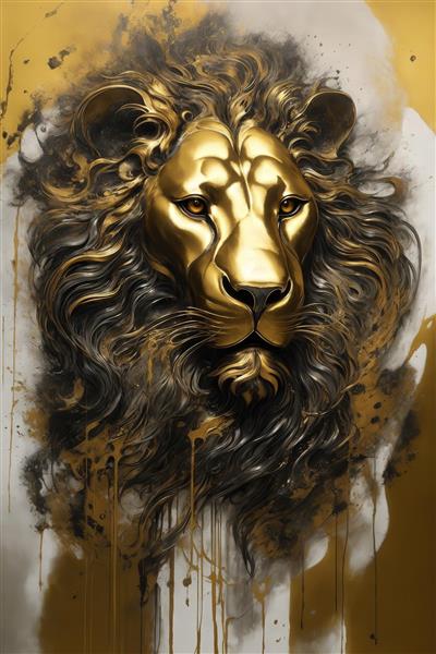 عکس پرتره شیر طلایی با یال‌های سه‌بعدی تیره برای چاپ پوستر