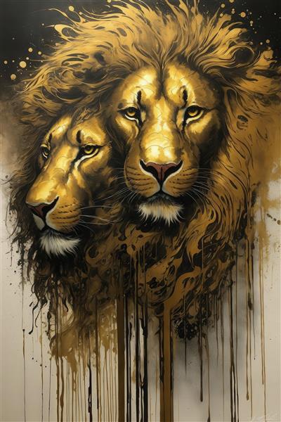 پرتره دو شیر طلایی با رنگ‌های آبشاری سیاه برای چاپ روی پرده