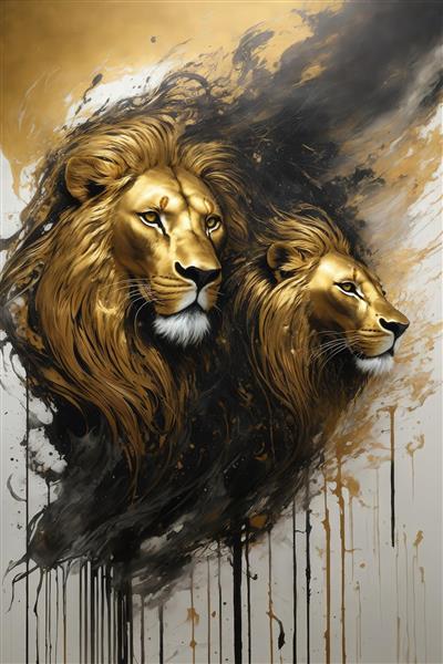 عکس پرتره دو شیر طلایی درخشان با یال‌های روان و انتزاعی