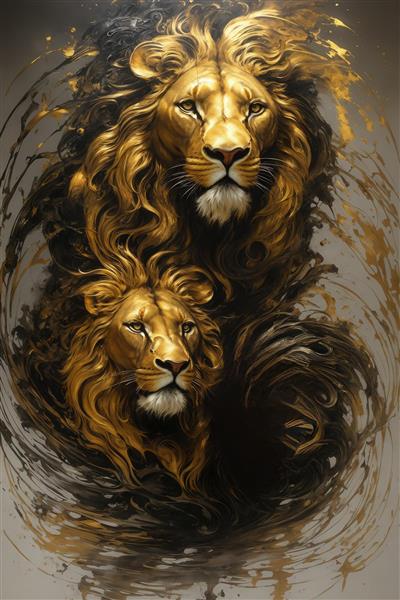 طرح دو شیر طلایی با نمای روبرو و نیمرخ برای پوستر دکوراتیو