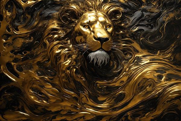 پرتره شیر طلایی با یال‌های مایع و انتزاعی مناسب پوستر دکور