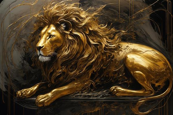 تصویر شیر خوابیده طلایی سه‌بعدی با یال‌های درخشان برای تابلو