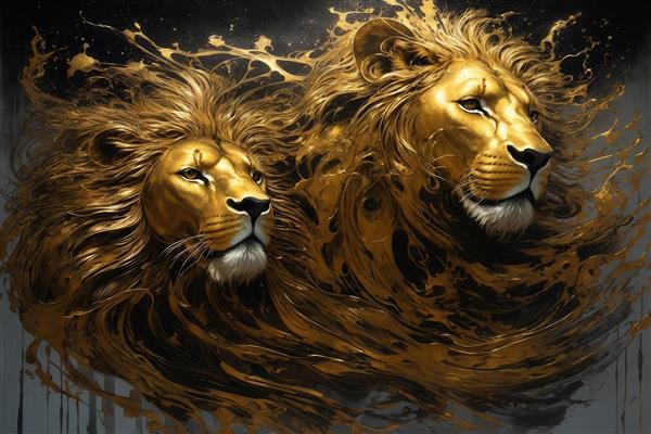 طرح دو شیر طلایی با حس درهم‌آمیزی یال‌ها برای چاپ روی پارچه