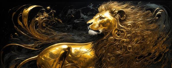 عکس شیر طلایی نیمرخ با یال‌های بلند برای پوستر عریض دکوراتیو