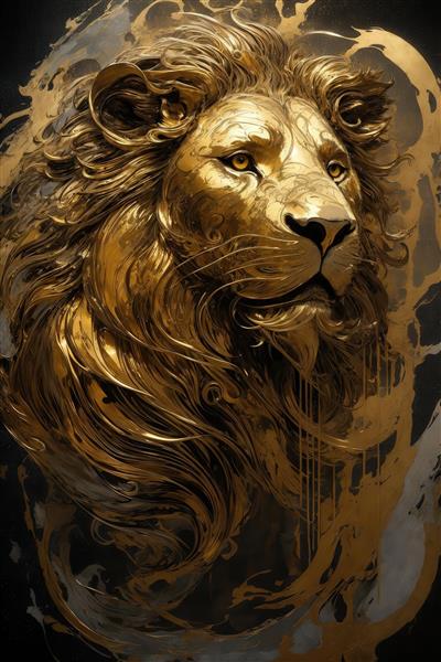 پرتره نیمرخ شیر طلایی با یال‌های روان انتزاعی برای تابلو دکوراتیو