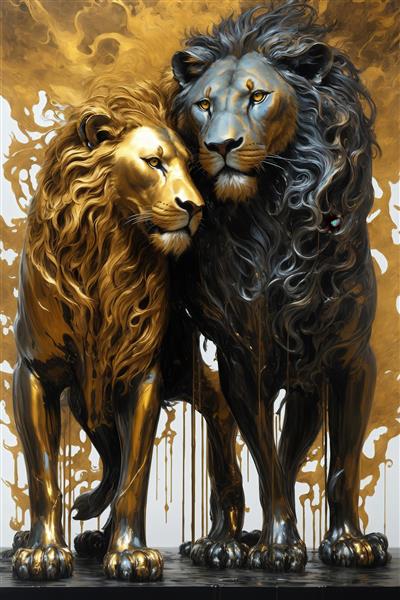 تصویر شیر طلایی و مشکی ایستاده سه‌بعدی مناسب پوستر سالن پذیرایی