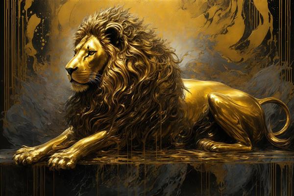 عکس شیر خوابیده طلایی سه بعدی با یال تیره برای تابلو دکوراسیون