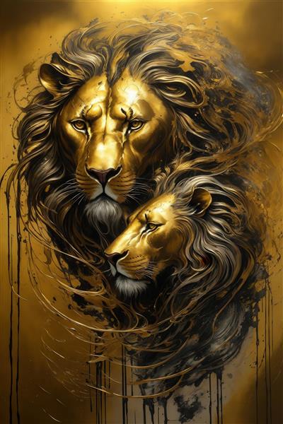 طرح چهره شیر نر و ماده طلایی با حس عاشقانه برای چاپ روتختی