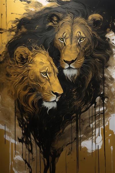 عکس پرتره دو شیر طلایی و سیاه برای پوستر دکوراتیو اتاق نشیمن