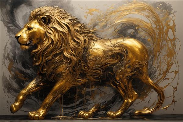 تصویر شیر طلایی در حال راه رفتن با سبک مجسمه دکوراتیو باکیفیت
