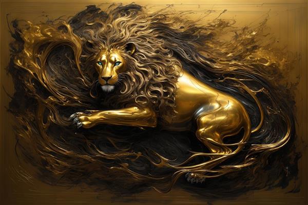 طرح شیر نشسته طلایی سه‌بعدی در میان یال‌های درهم برای چاپ