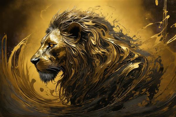 عکس نیمرخ شیر طلایی درخشان و غرق در رنگ برای تابلو اتاق