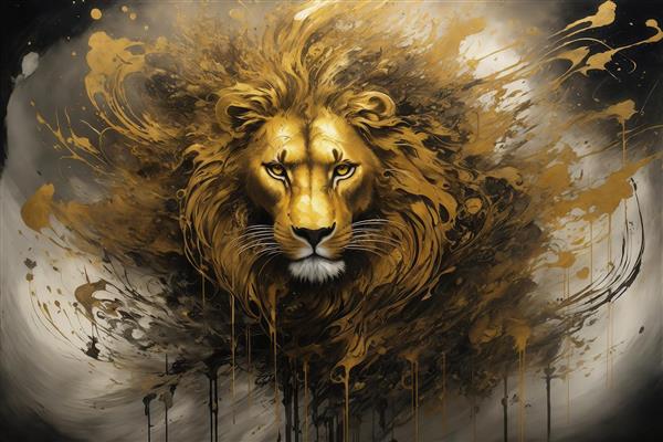 پرتره‌ی شیر طلایی با یال‌های در حال انفجار و پاشش رنگ دکوراتیو