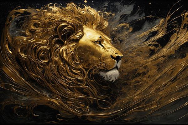 طرح نیمرخ شیر با یال‌های روان طلایی و حسی قدرتمند برای دکوراسیون