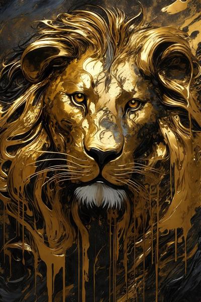 تصویر نمای نزدیک صورت شیر طلایی انتزاعی با جزئیات بالا