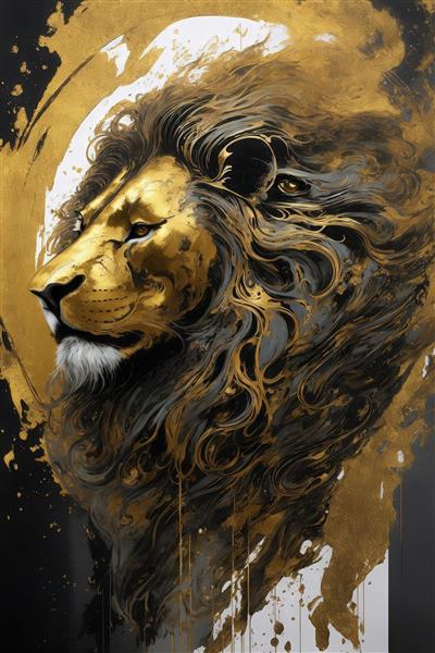 چهره نیمرخ شیر با یال تیره و پس‌زمینه طلایی برای چاپ روی پرده