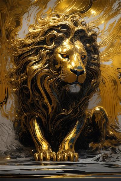 عکس شیر نشسته طلایی سه‌بعدی با یال‌های پرجزئیات دکوراتیو