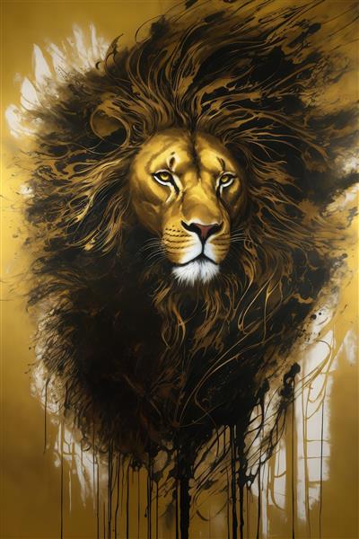 طرح شیر با یال‌های بلند و تیره و انتزاعی برای چاپ باکیفیت