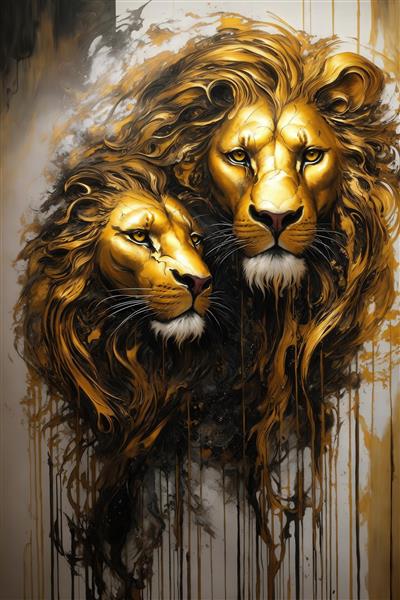 تصویر چهره‌ی دو شیر طلایی با یال‌های بلند مناسب پوستر دیواری