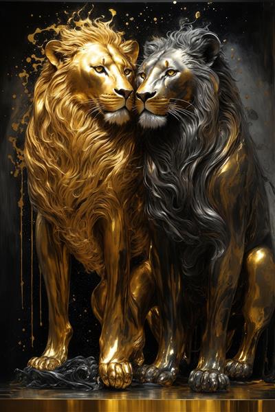 عکس شیرهای طلایی و نقره‌ای سه‌بعدی دکوراتیو برای تابلو پذیرایی