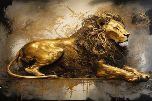 تصویر شیر طلایی درازکش با یال حجیم و پس‌زمینه آبستره لوکس