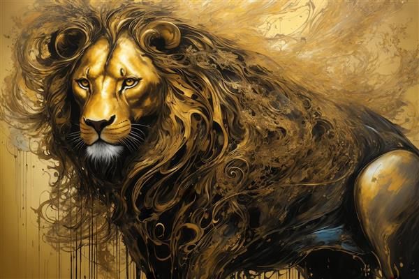 پوستر شیر طلایی نشسته با یال بلند و موج‌دار در زمینه طلایی
