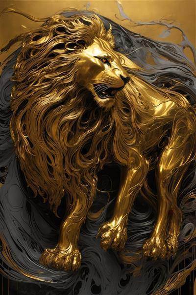 طرح شیر طلایی در حال راه رفتن با یال بلند و جوهر سیاه