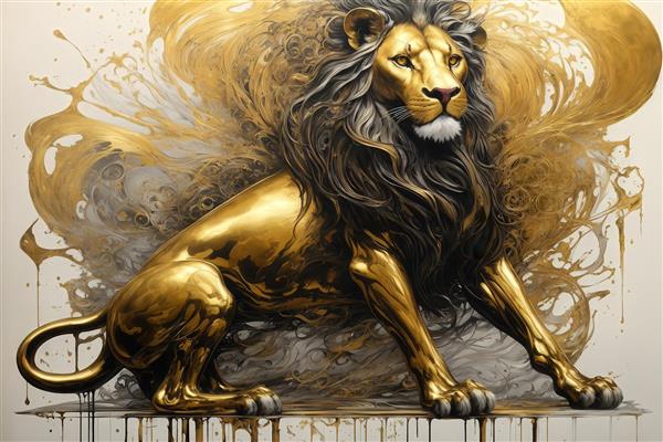 تصویر شیر طلایی نشسته با یال سیاه و پاشش رنگ طلایی