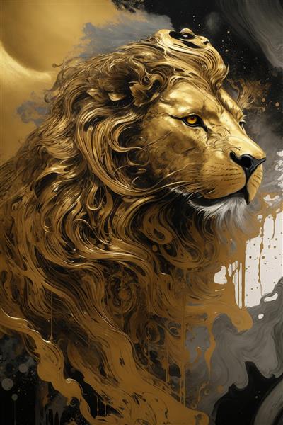 عکس شیر نر طلایی با یال آبستره و جوهر سفید و خاکستری