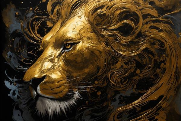 پوستر نیم‌رخ شیر طلایی با یال پرموج و پس‌زمینه سیاه آبستره
