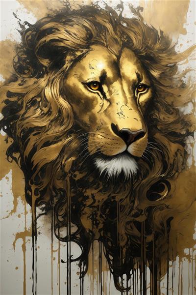طرح پرتره شیر نر طلایی با یال آبستره و پس‌زمینه سفید و طلایی