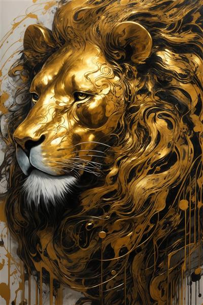 عکس پرتره نیم‌رخ شیر نر طلایی با یال پرموج و رگه‌های سیاه