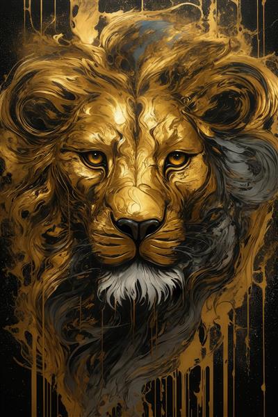 پوستر چهره شیر نر طلایی با یال تیره و چکه‌های جوهر سیاه