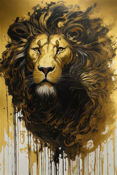 تصویر چهره شیر نر طلایی با یال پرپشت و ریزش جوهر طلایی