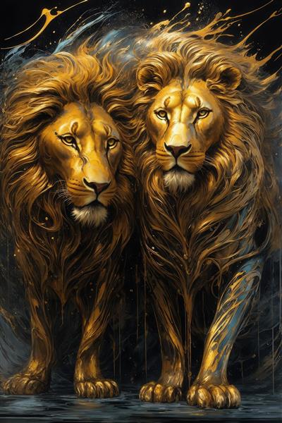 عکس دو شیر طلایی با یال بلند در طرح آبستره تیره و لوکس
