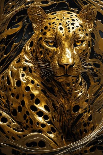 طرح پلنگ طلایی با جلوه فلزی و ساختار سوراخ‌دار در زمینه سیاه