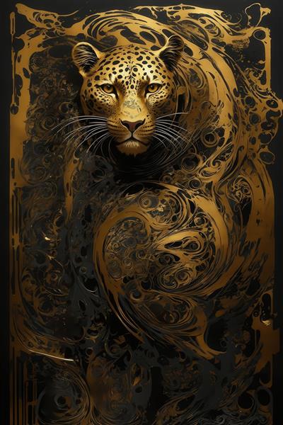 تصویر پلنگ طلایی آبستره در میان اشکال تیره برای دکوراسیون منزل