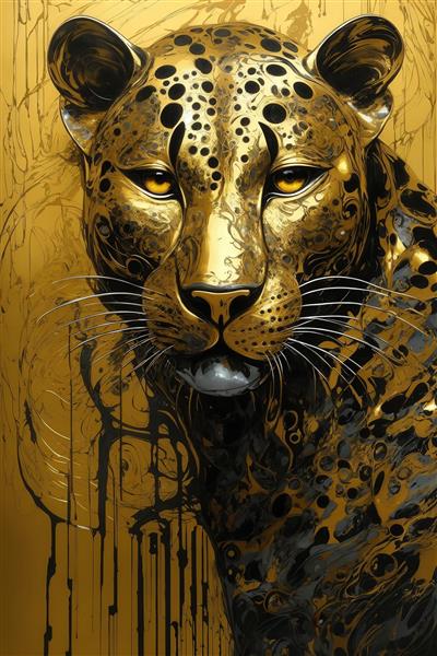 عکس پرتره نزدیک پلنگ طلایی با ریزش جوهر سیاه روی پوست