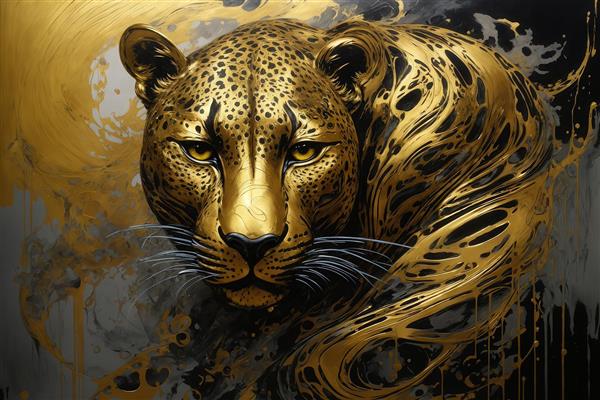 پوستر پرتره پلنگ طلایی با جوهر روان و پس‌زمینه سیاه و طلایی