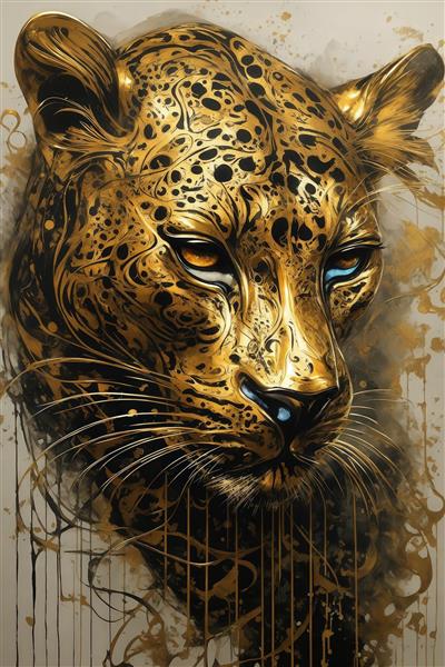 طرح چهره پلنگ طلایی آبستره با لکه‌های سیاه و چشمان نارنجی