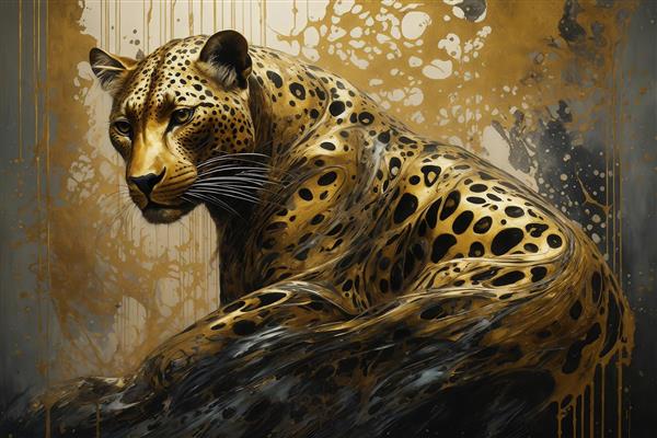 تصویر پلنگ طلایی در حال استراحت با طرح آبستره و پس‌زمینه خاکستری