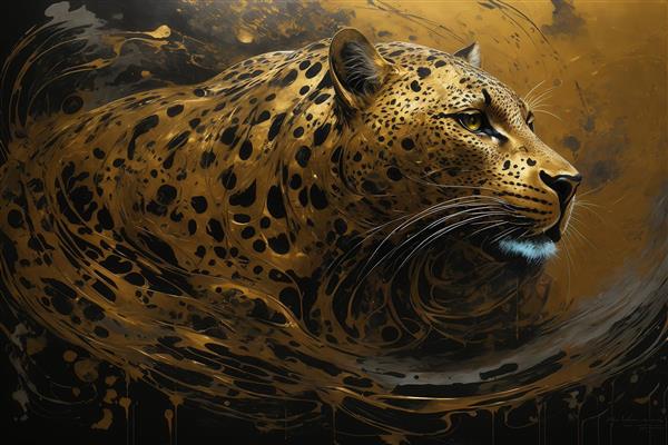 عکس نیم‌رخ پلنگ طلایی نشسته با پس‌زمینه آبستره تیره و لوکس